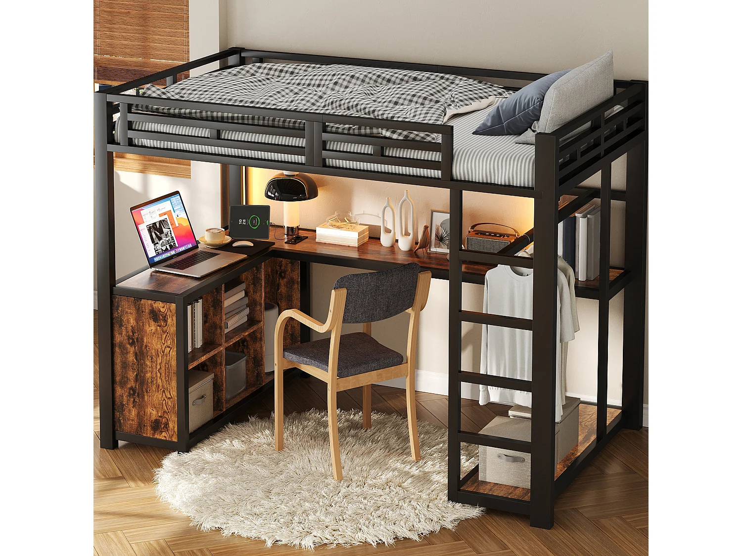 Letto a soppalco in metallo nero 140 x 200 cm con scrivania, illuminazione a LED, porte USB e vano contenitore.