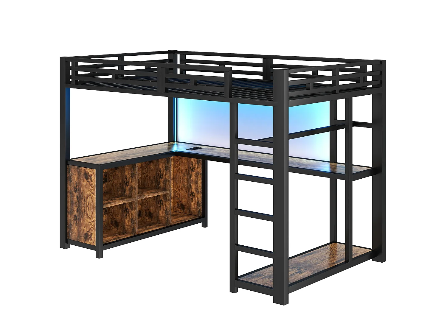 Letto a soppalco in metallo nero 140 x 200 cm con scrivania, illuminazione a LED, porte USB e vano contenitore.