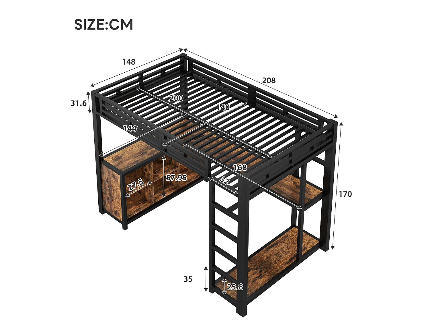 Letto a soppalco in metallo nero 140 x 200 cm con scrivania, illuminazione a LED, porte USB e vano contenitore.