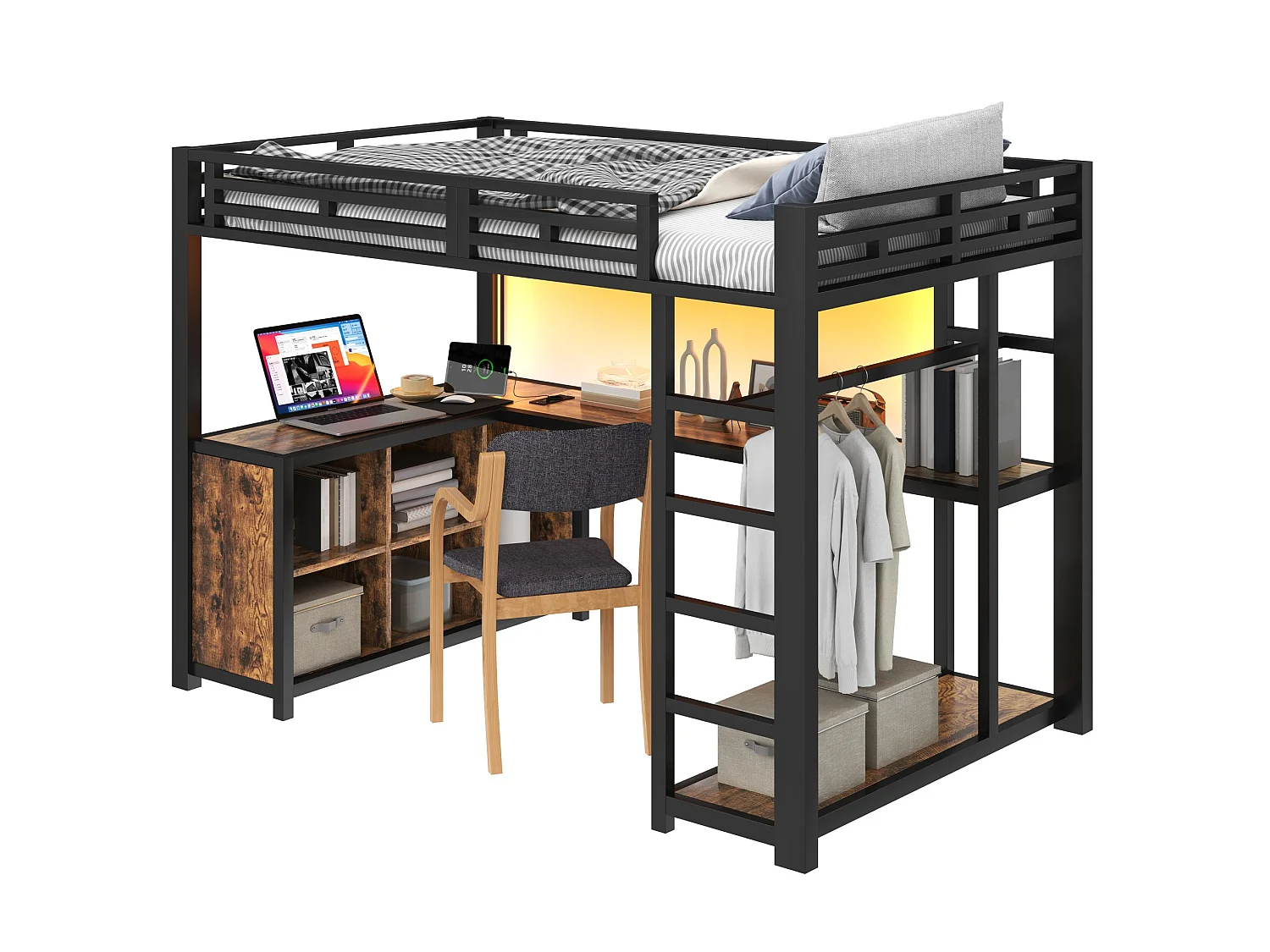 Letto a soppalco in metallo nero 140 x 200 cm con scrivania, illuminazione a LED, porte USB e vano contenitore.