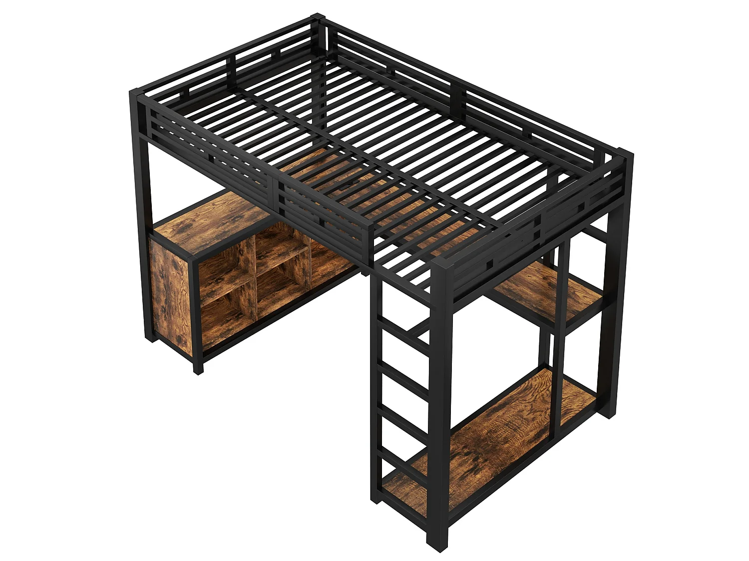 Letto a soppalco in metallo nero 140 x 200 cm con scrivania, illuminazione a LED, porte USB e vano contenitore.