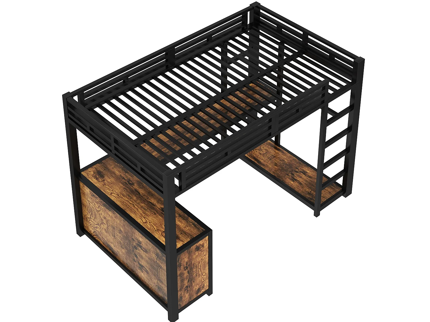 Letto a soppalco in metallo nero 140 x 200 cm con scrivania, illuminazione a LED, porte USB e vano contenitore.