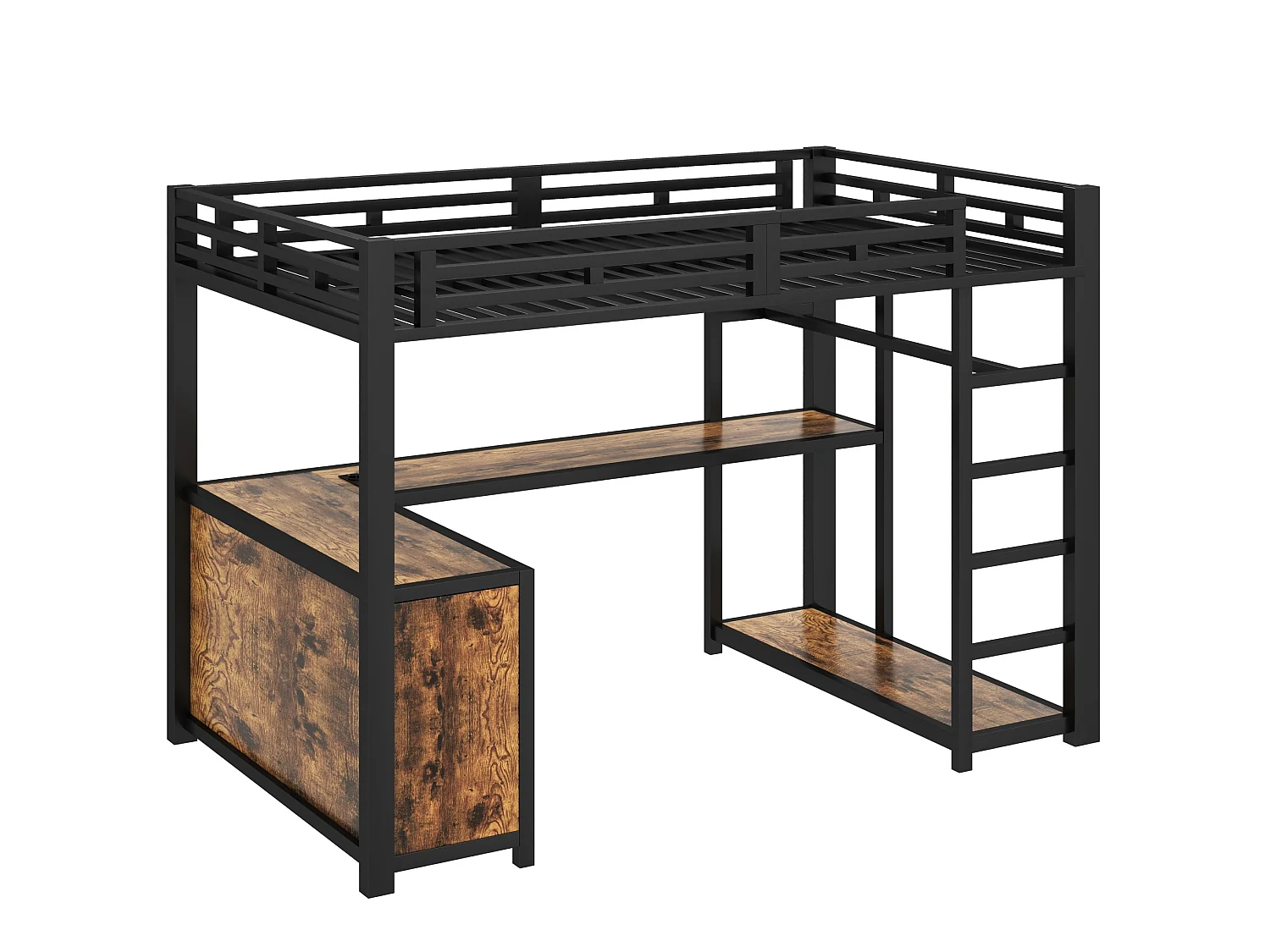 Letto a soppalco in metallo nero 140 x 200 cm con scrivania, illuminazione a LED, porte USB e vano contenitore.