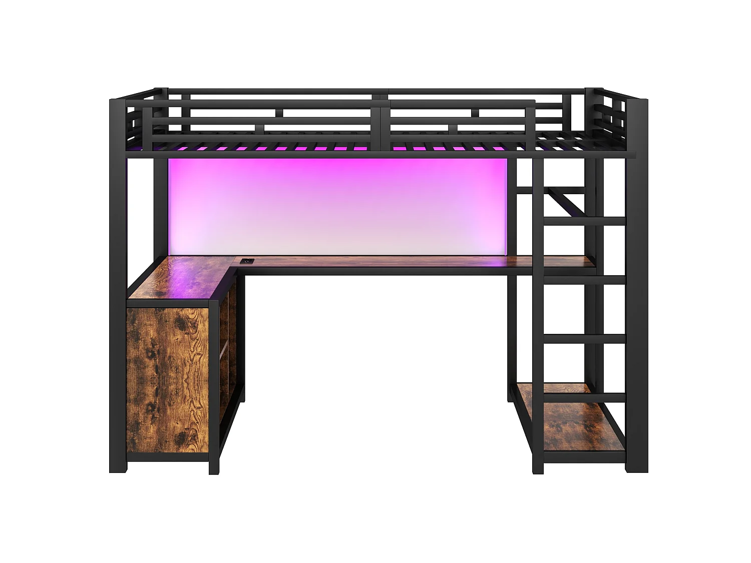 Letto a soppalco in metallo nero 140 x 200 cm con scrivania, illuminazione a LED, porte USB e vano contenitore.