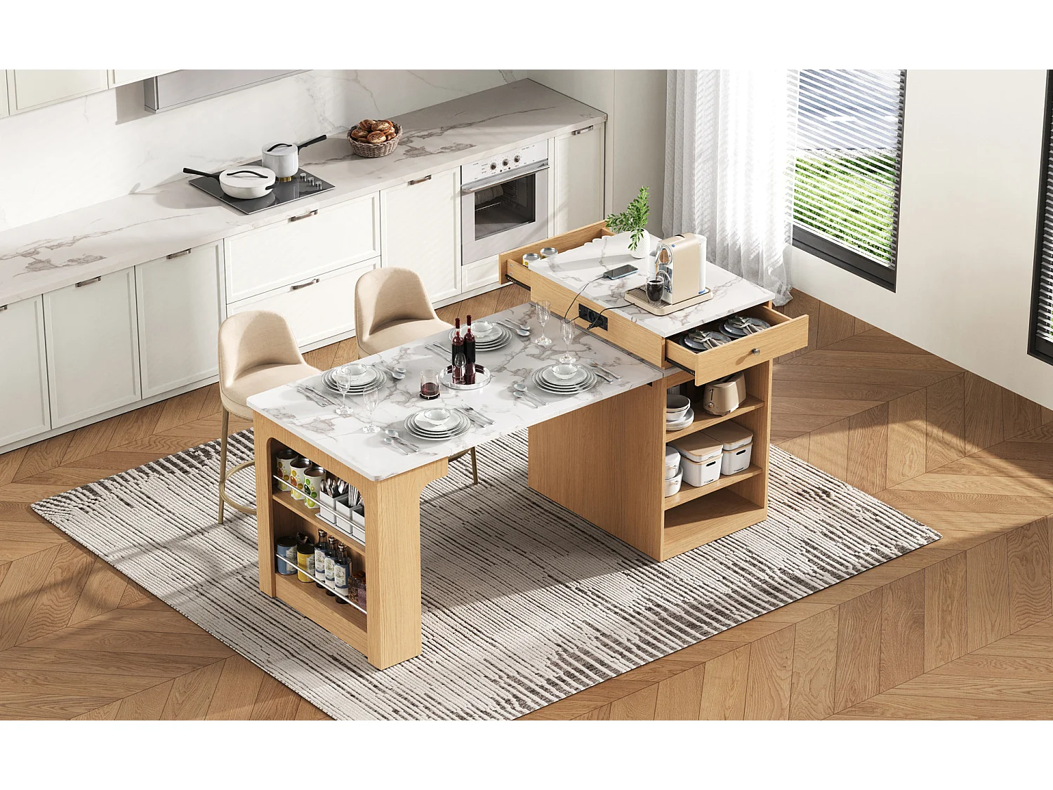 Îlot de cuisine sur roulettes avec 2 tiroirs, multiprises et table extensible - Naturel clair