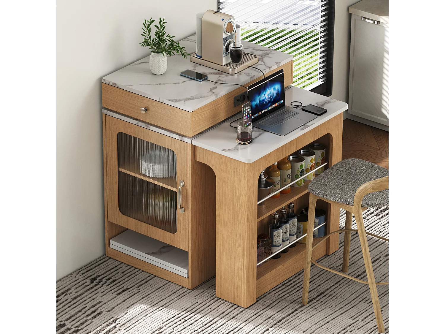 Îlot de cuisine sur roulettes avec 2 tiroirs, multiprises et table extensible - Naturel clair