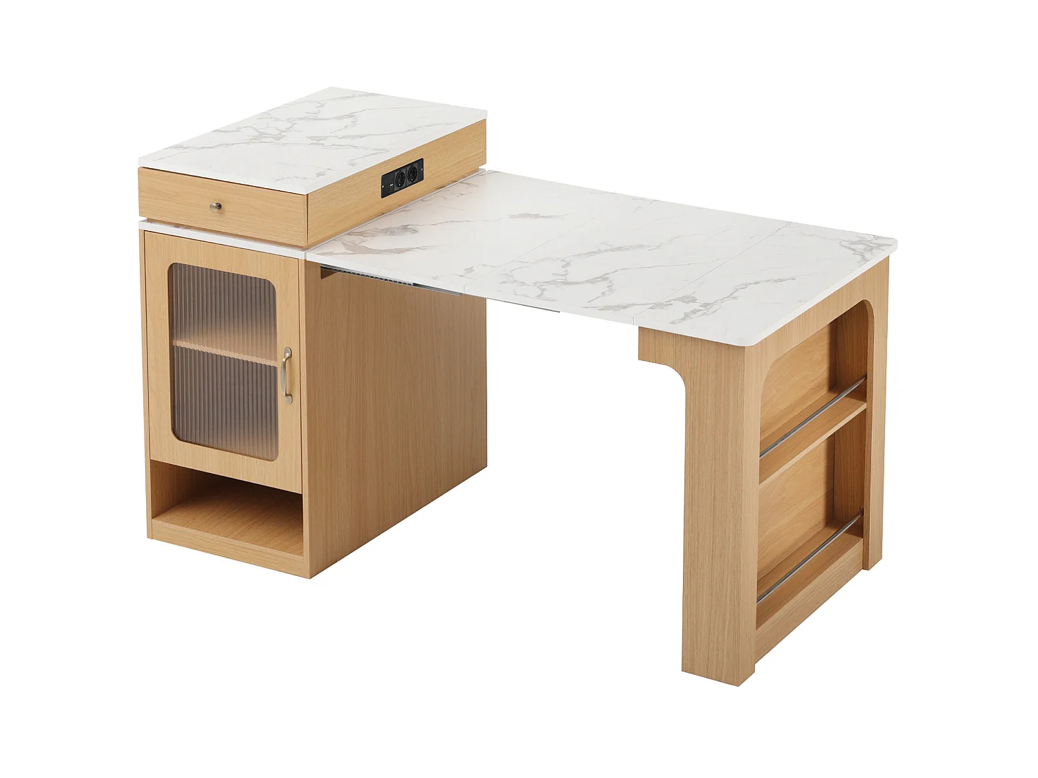 Îlot de cuisine sur roulettes avec 2 tiroirs, multiprises et table extensible - Naturel clair