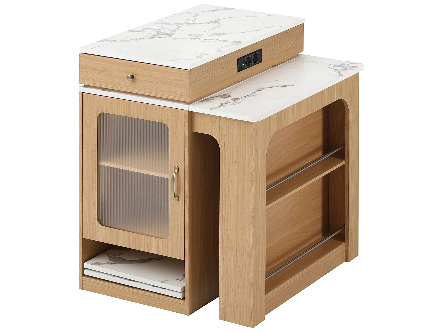 Îlot de cuisine sur roulettes avec 2 tiroirs, multiprises et table extensible - Naturel clair
