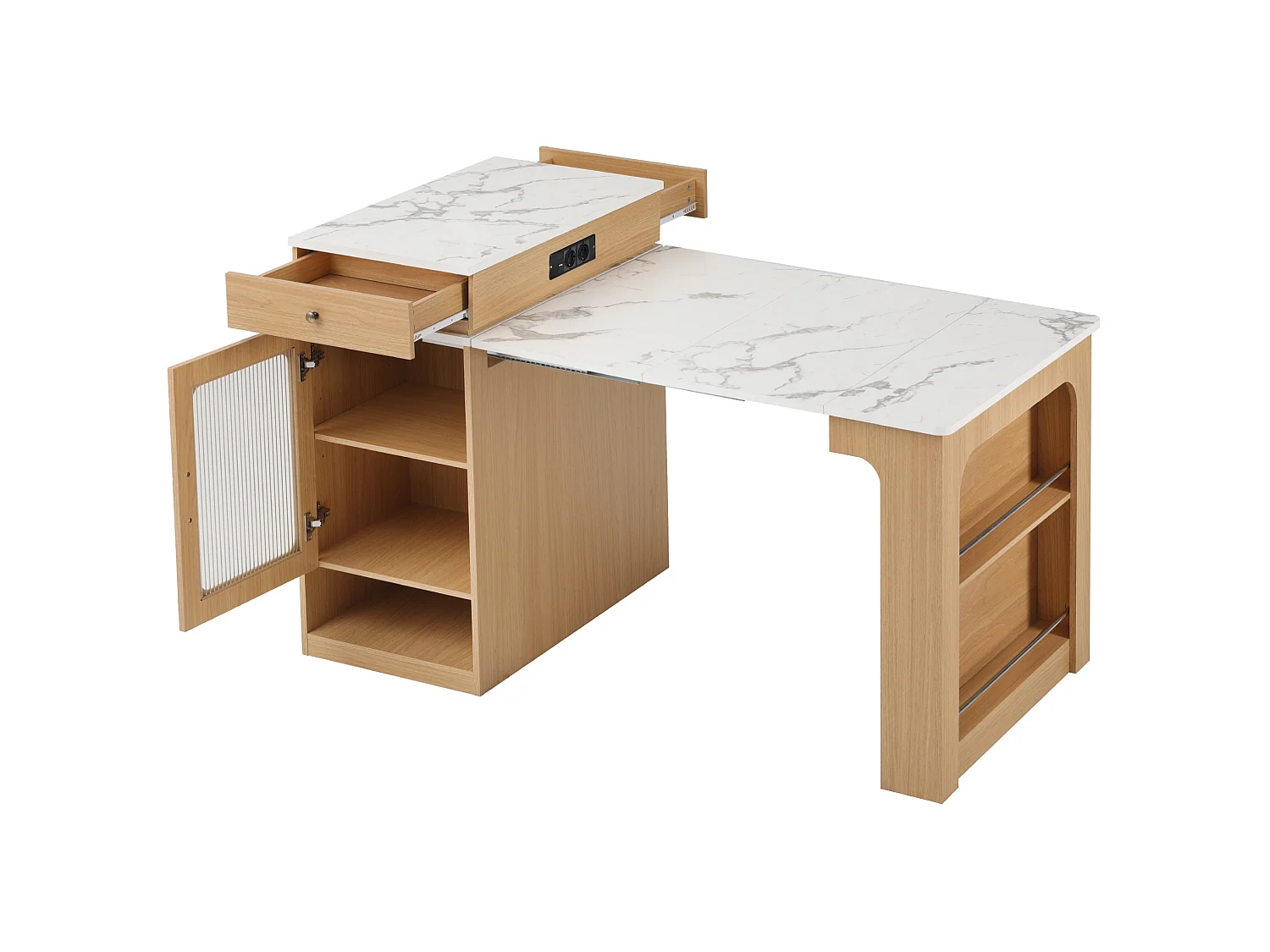 Îlot de cuisine sur roulettes avec 2 tiroirs, multiprises et table extensible - Naturel clair
