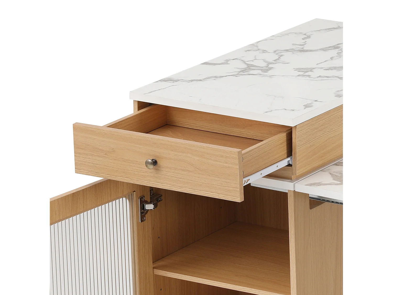 Îlot de cuisine sur roulettes avec 2 tiroirs, multiprises et table extensible - Naturel clair