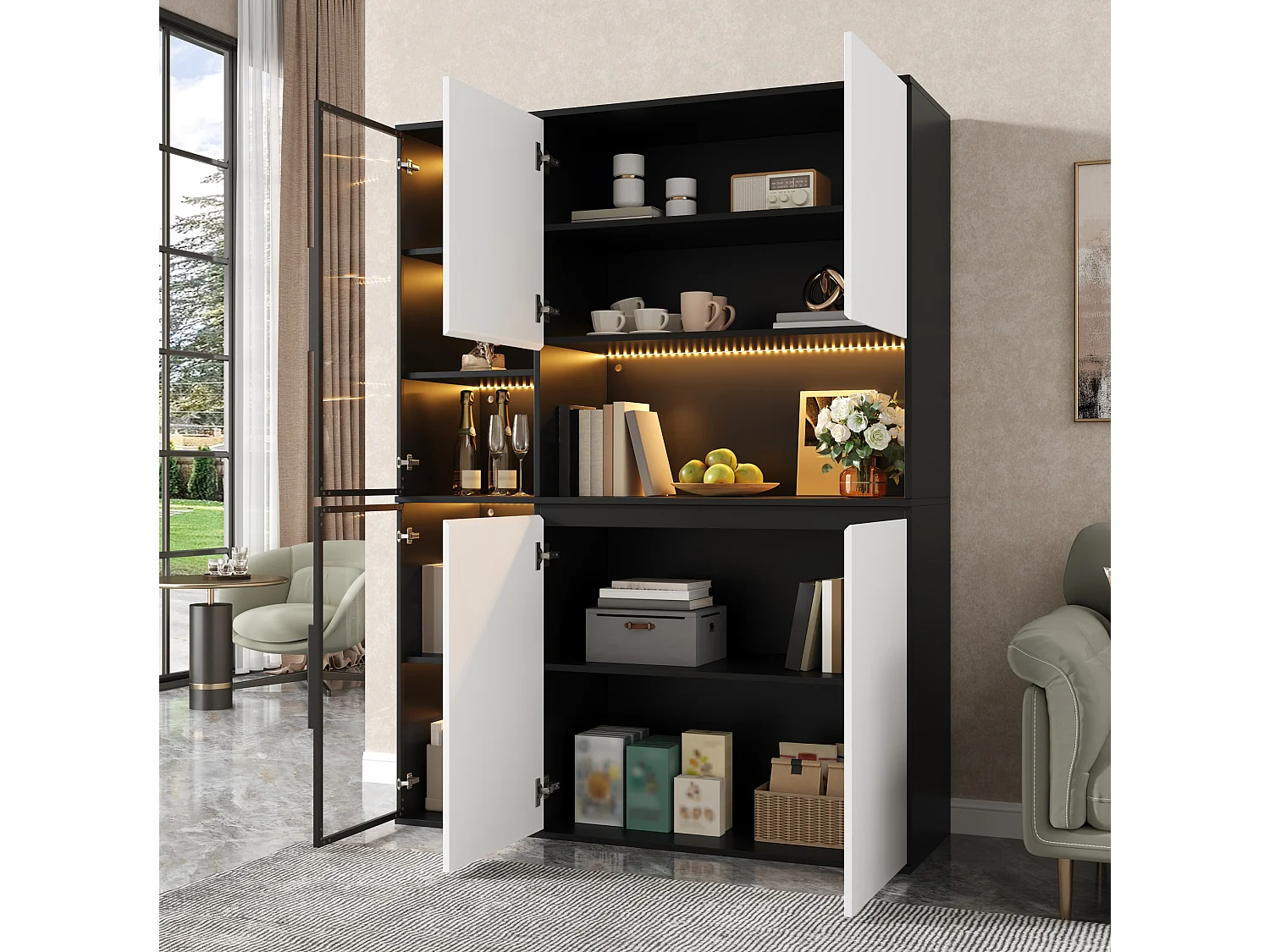 Armoire haute avec LED et grand rangement - Vitrine noir et blanc - Verre + MDF