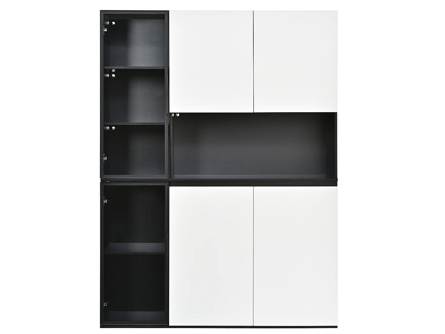 Armoire haute avec LED et grand rangement - Vitrine noir et blanc - Verre + MDF