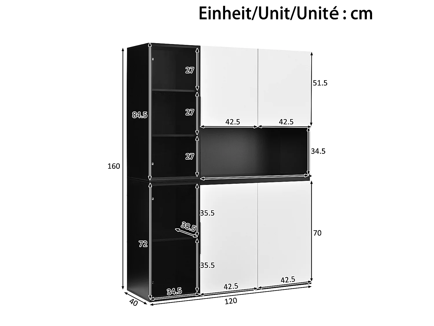 Armoire haute avec LED et grand rangement - Vitrine noir et blanc - Verre + MDF