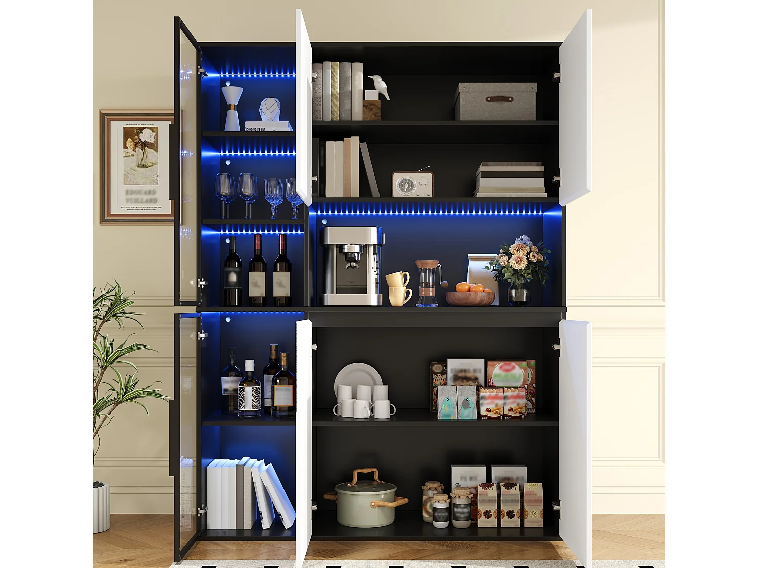 Armoire haute avec LED et grand rangement - Vitrine noir et blanc - Verre + MDF
