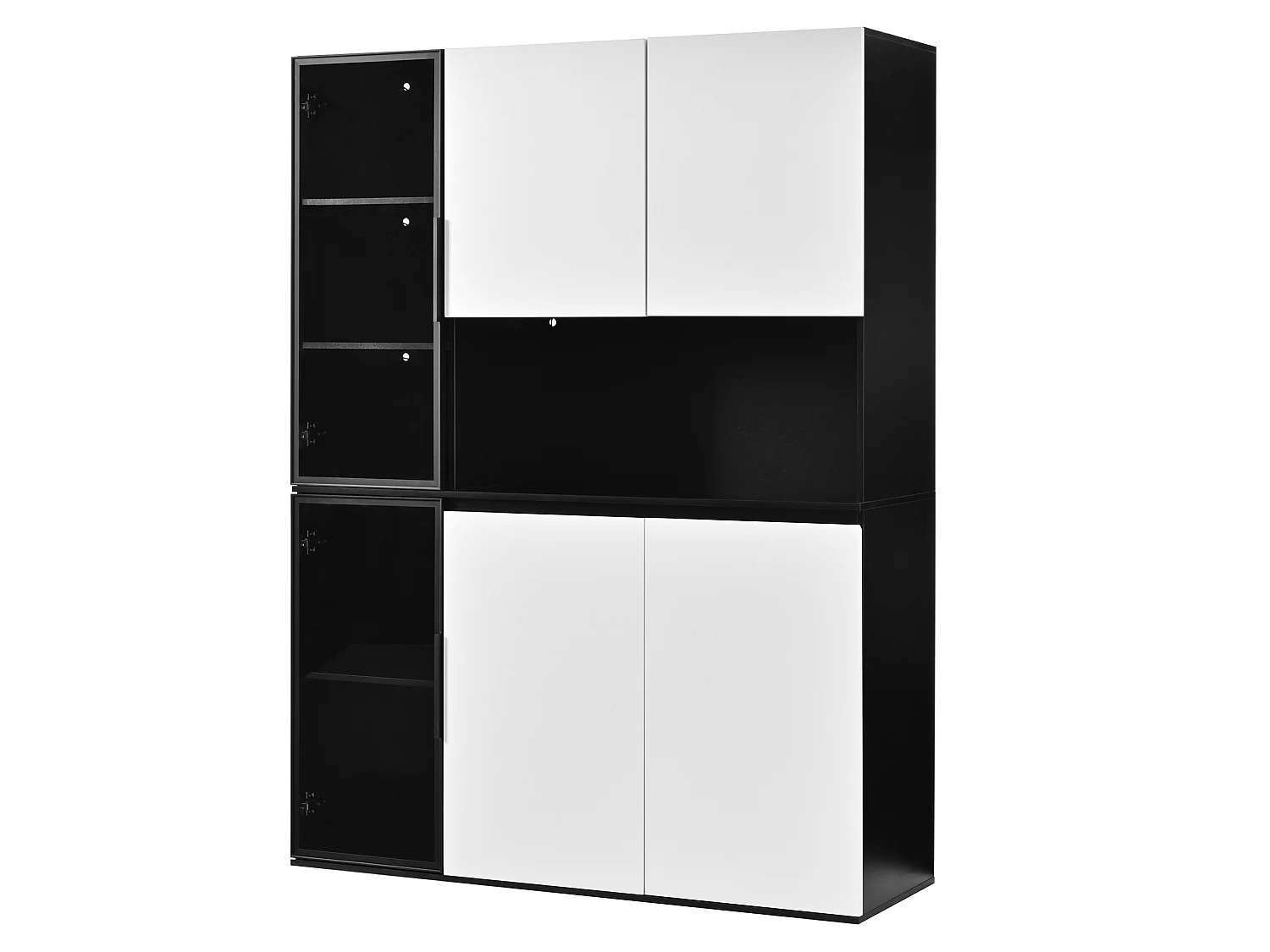 Armoire haute avec LED et grand rangement - Vitrine noir et blanc - Verre + MDF