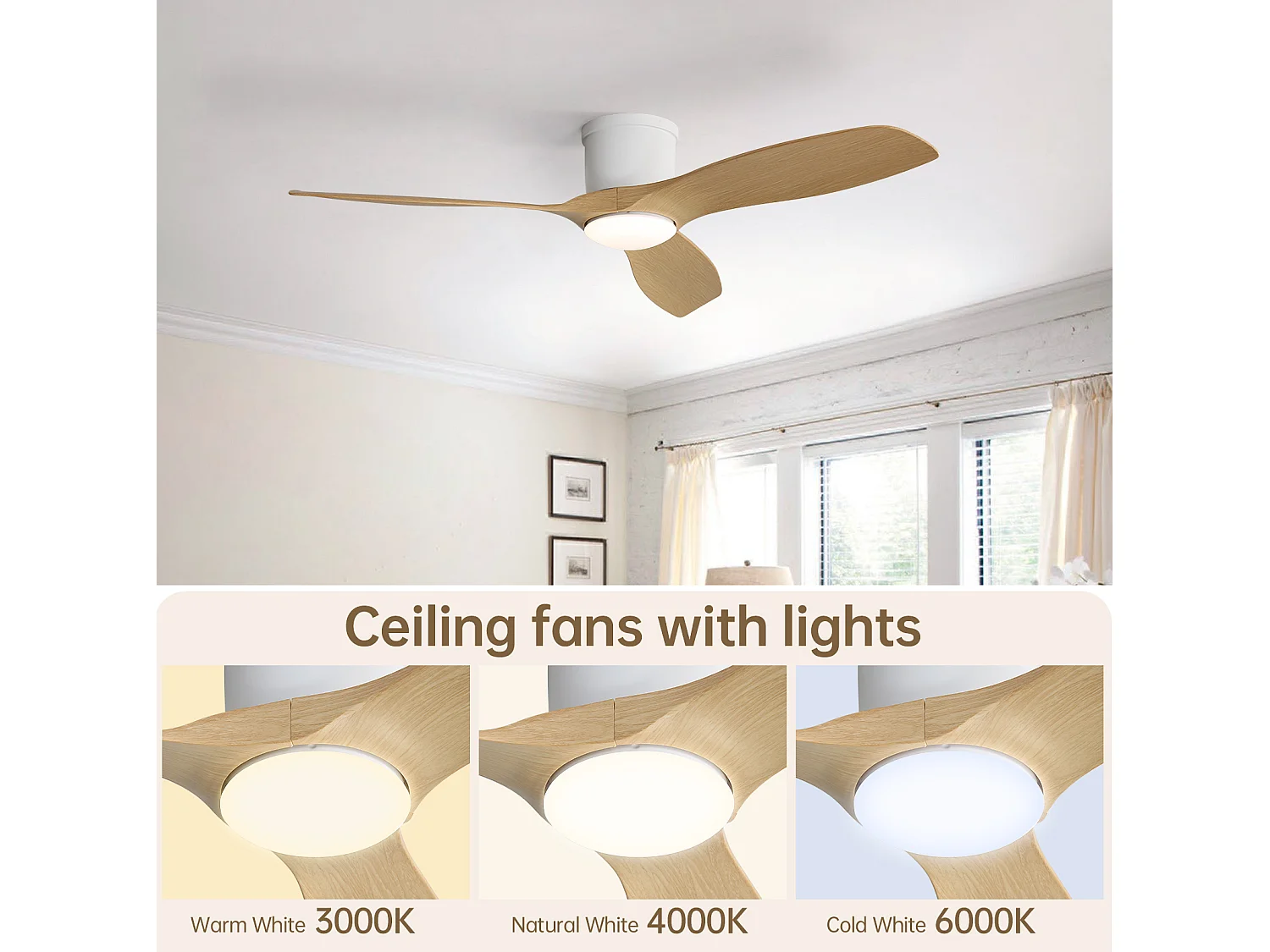 Ventilateur de plafond intelligent avec lumière, télécommande et 3 pales en ABS - Pour Été/Hiver