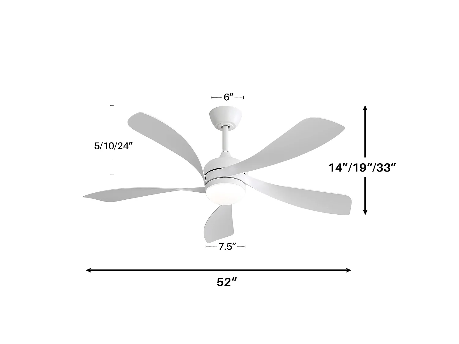 Ventilateur de plafond de 132 cm avec éclairage et 6 vitesses - Pour salon et chambre, blanc