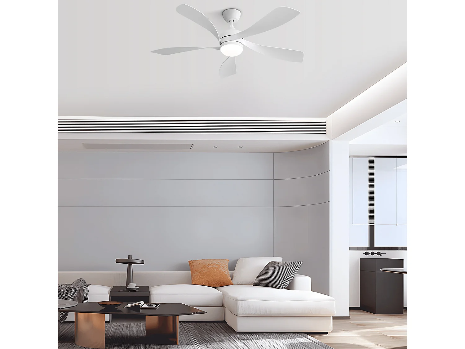 Ventilateur de plafond de 132 cm avec éclairage et 6 vitesses - Pour salon et chambre, blanc