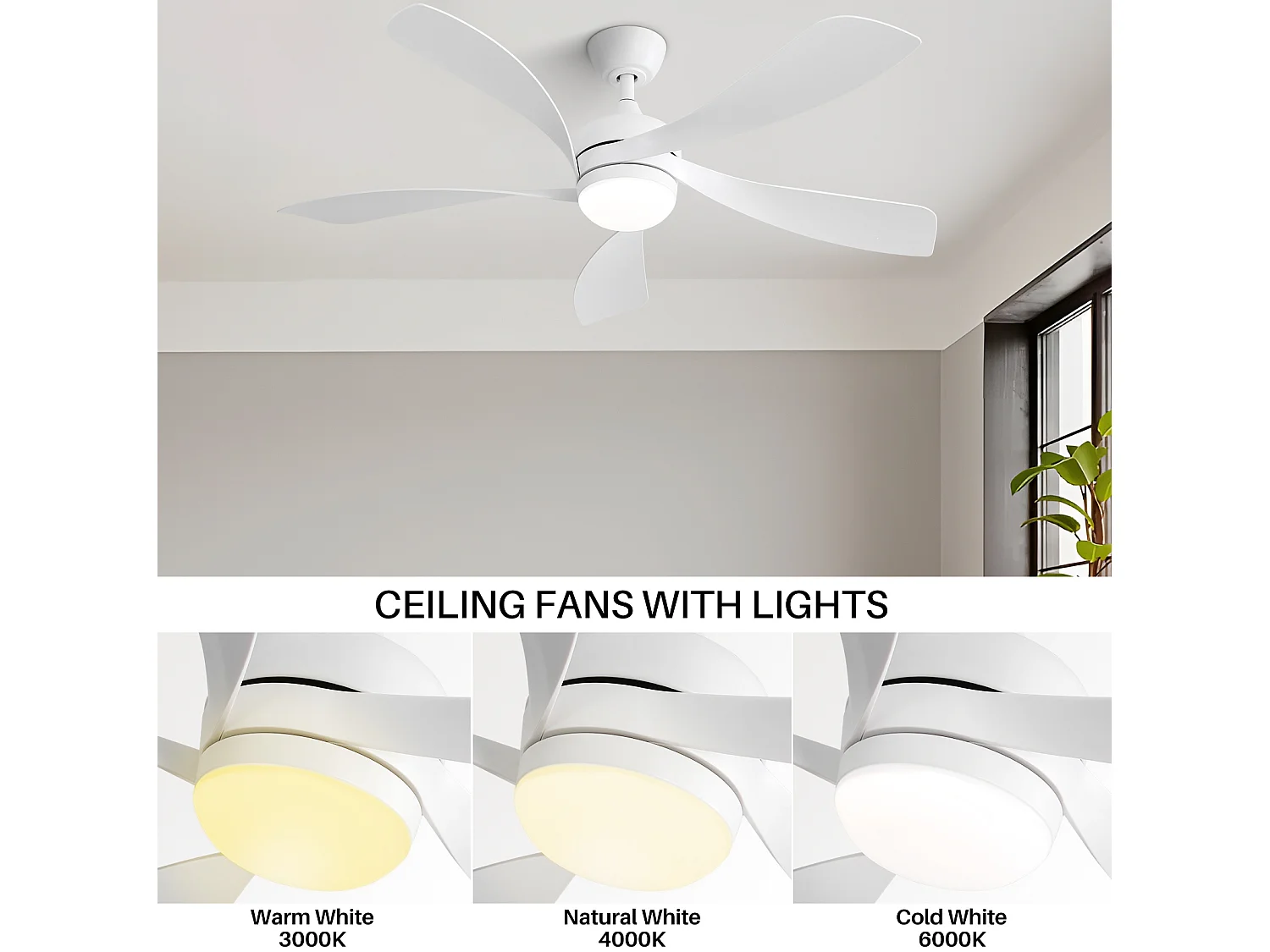 Ventilateur de plafond de 132 cm avec éclairage et 6 vitesses - Pour salon et chambre, blanc