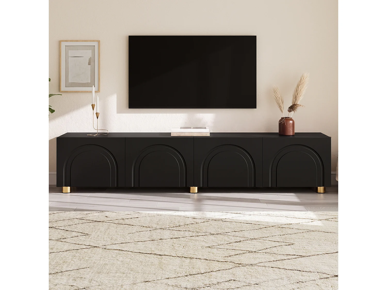 Mobile porta TV basso con modanature curve nere - 4 ante e gambe in metallo
