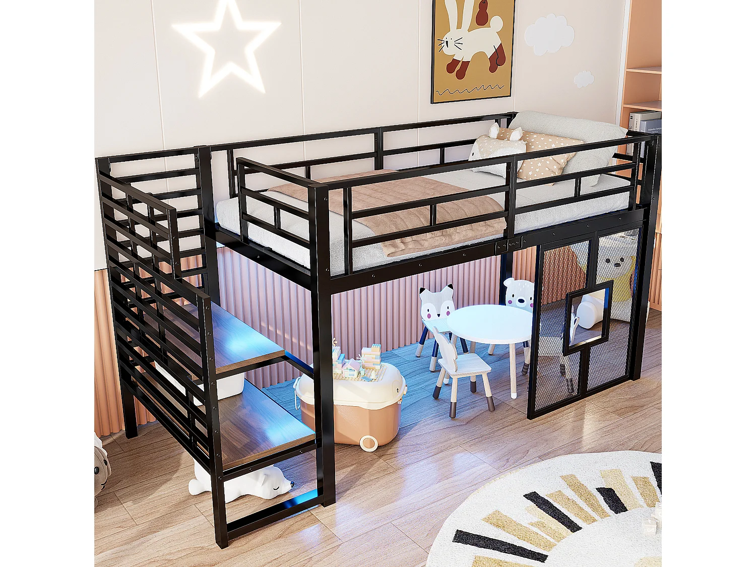 Cama alta metálica de 90 x 200 cm con espacio de almacenamiento, iluminación LED y ventanas - Negra