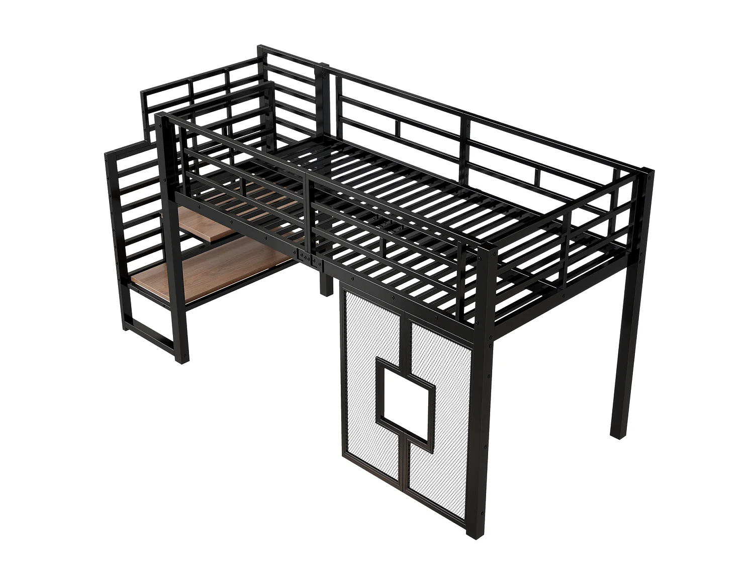 Cama alta metálica de 90 x 200 cm con espacio de almacenamiento, iluminación LED y ventanas - Negra