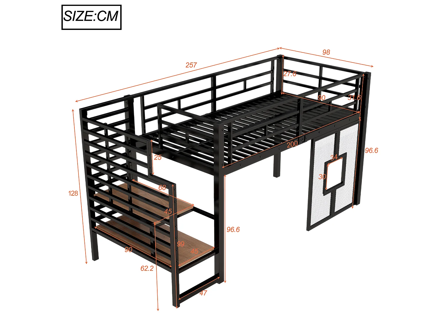 Cama alta metálica de 90 x 200 cm con espacio de almacenamiento, iluminación LED y ventanas - Negra