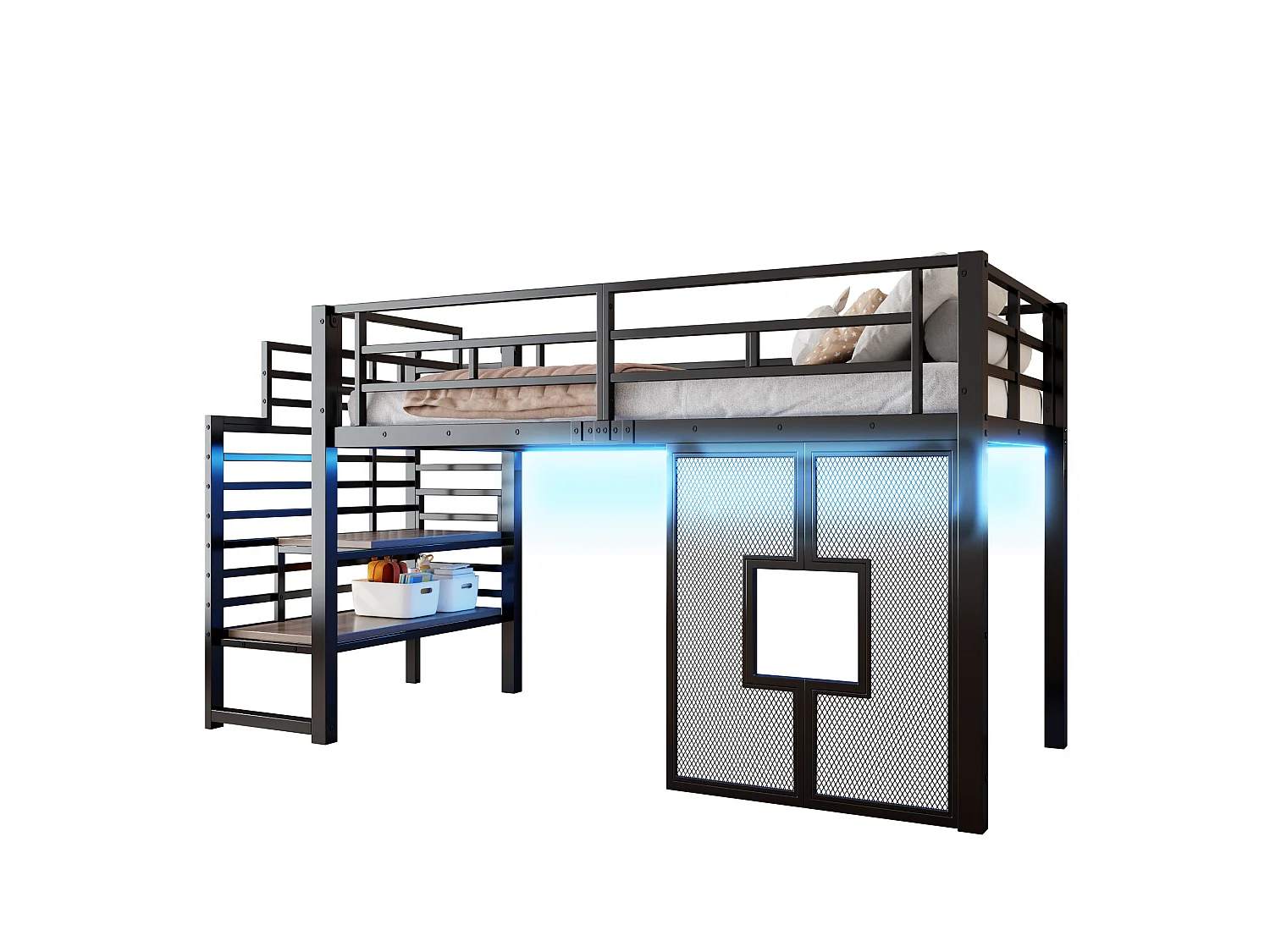 Cama alta metálica de 90 x 200 cm con espacio de almacenamiento, iluminación LED y ventanas - Negra