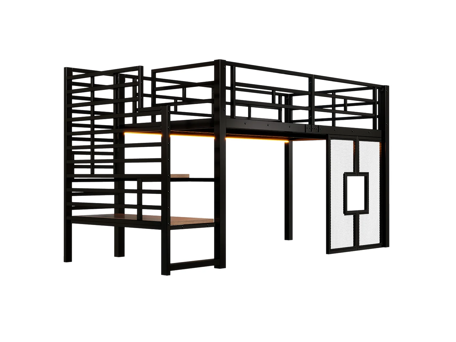 Cama alta metálica de 90 x 200 cm con espacio de almacenamiento, iluminación LED y ventanas - Negra