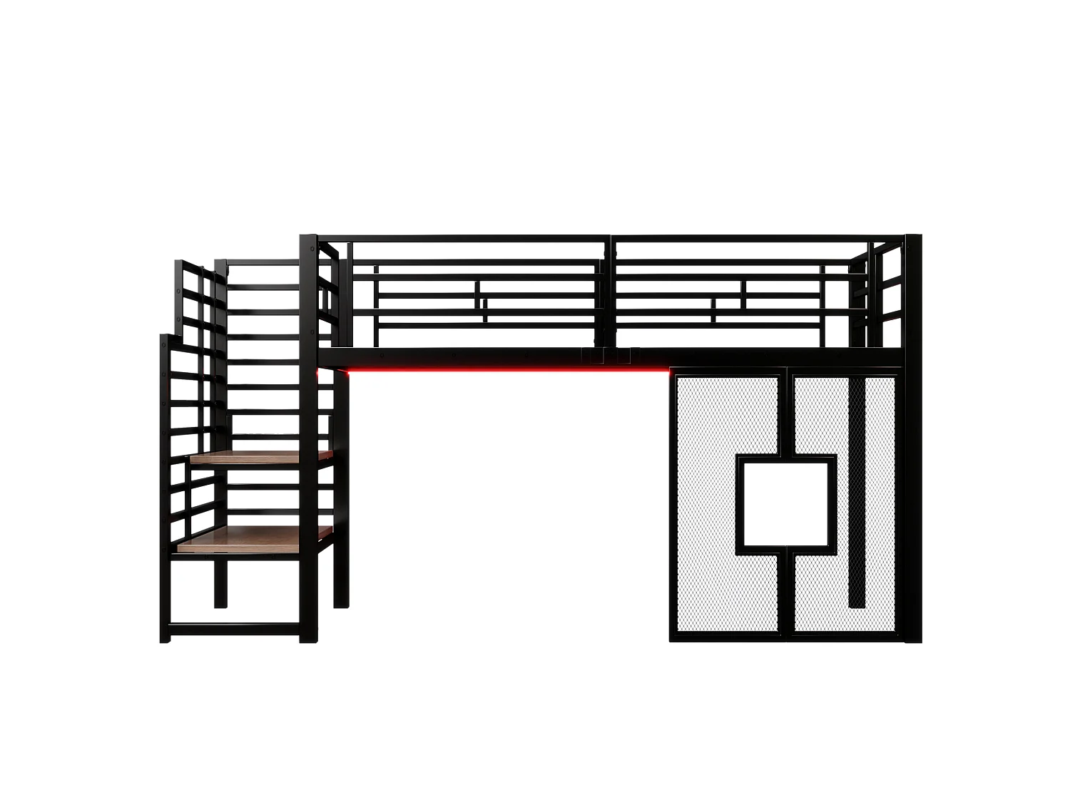 Cama alta metálica de 90 x 200 cm con espacio de almacenamiento, iluminación LED y ventanas - Negra