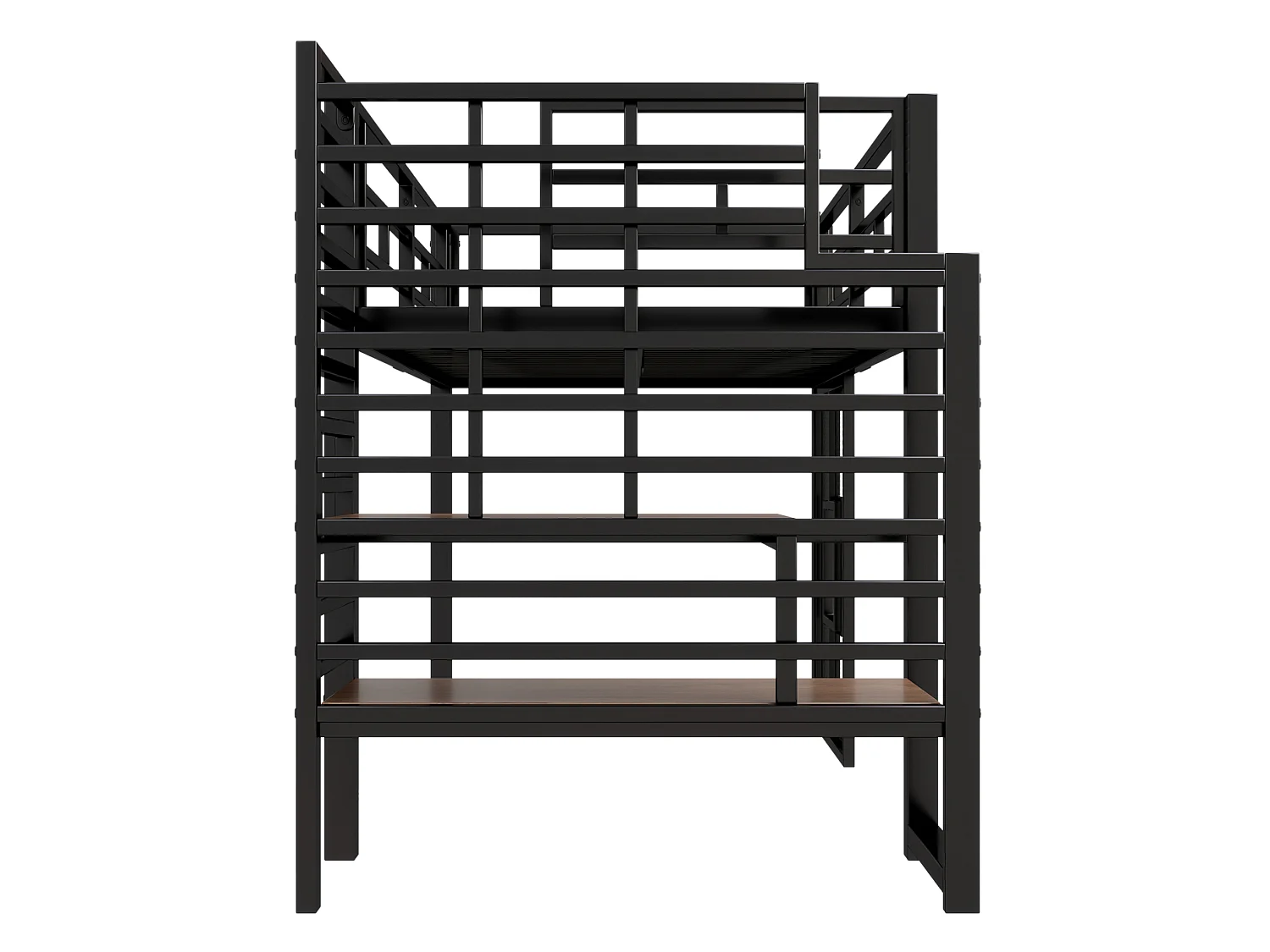 Cama alta metálica de 90 x 200 cm con espacio de almacenamiento, iluminación LED y ventanas - Negra