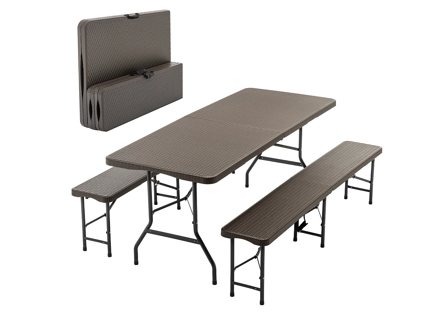 Tavolo da picnic pieghevole marrone da 1,80 m con 2 panche - Piano in HDPE con motivo ad albero