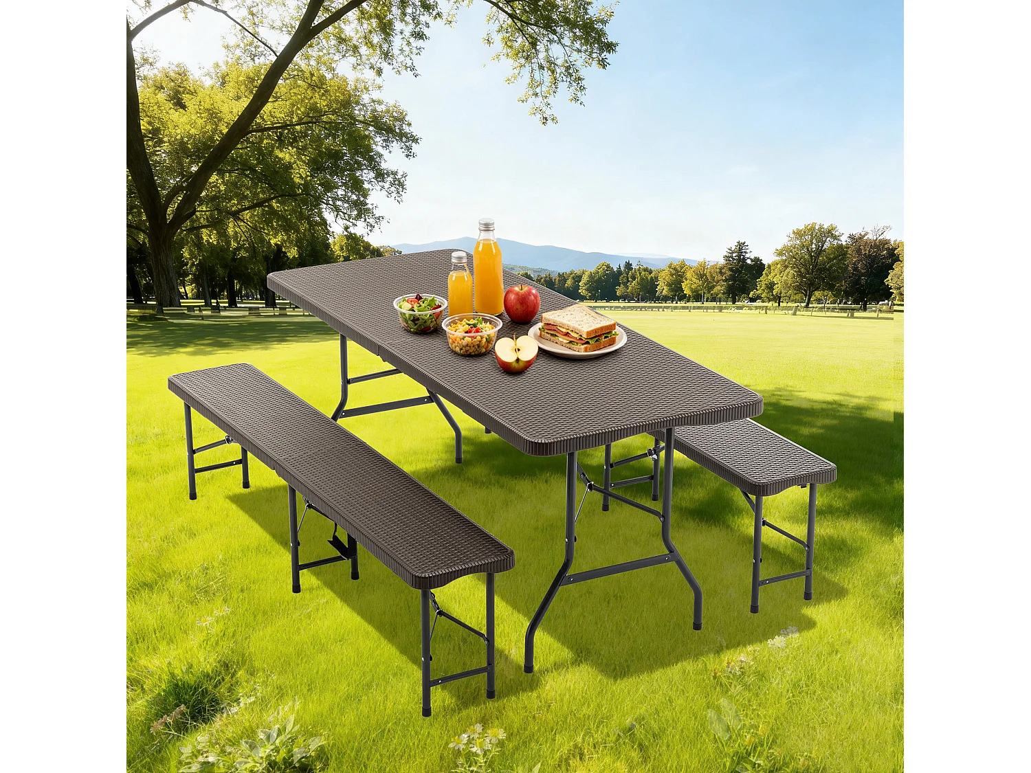 Tavolo da picnic pieghevole marrone da 1,80 m con 2 panche - Piano in HDPE con motivo ad albero