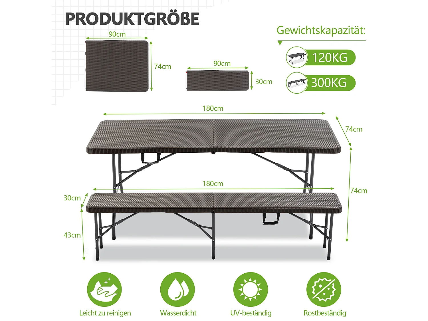 Tavolo da picnic pieghevole marrone da 1,80 m con 2 panche - Piano in HDPE con motivo ad albero