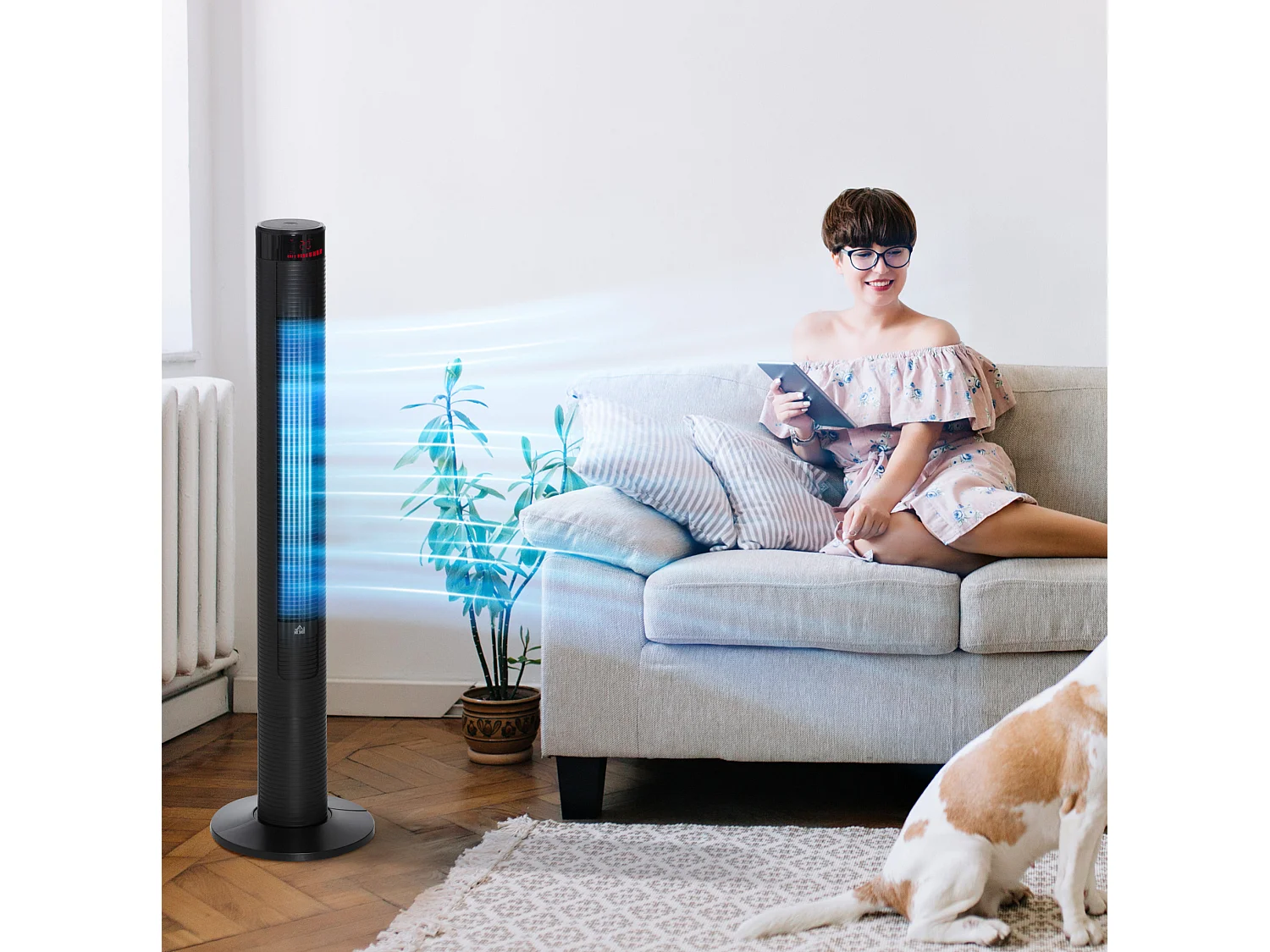 Zwarte torenventilator met 70° zwenking, 12-uurs timer en 3 snelheden.