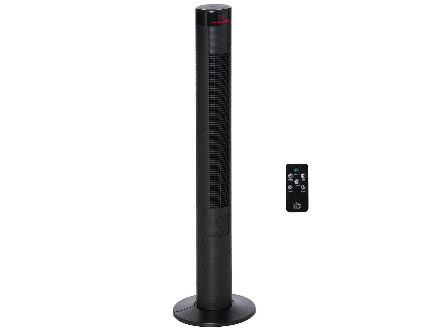 Zwarte torenventilator met 70° zwenking, 12-uurs timer en 3 snelheden.