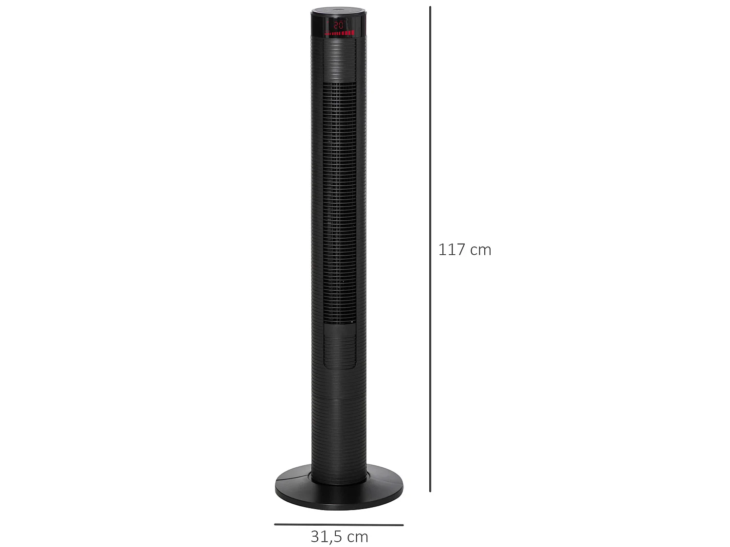 Zwarte torenventilator met 70° zwenking, 12-uurs timer en 3 snelheden.