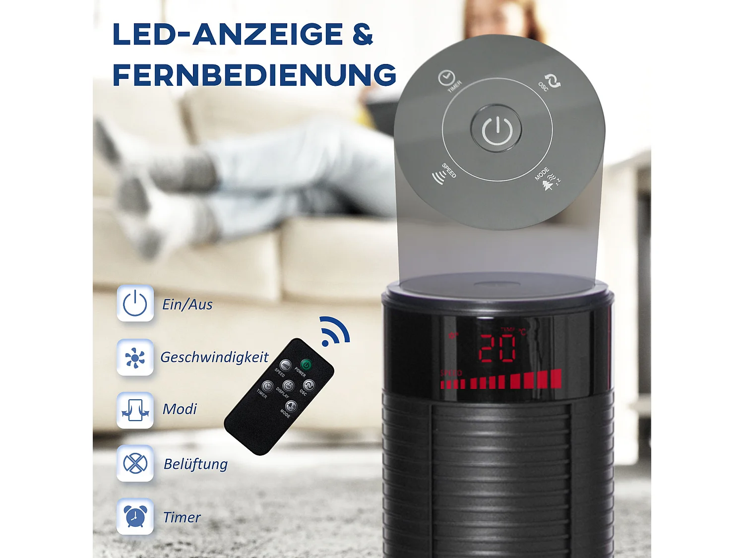 Zwarte torenventilator met 70° zwenking, 12-uurs timer en 3 snelheden.