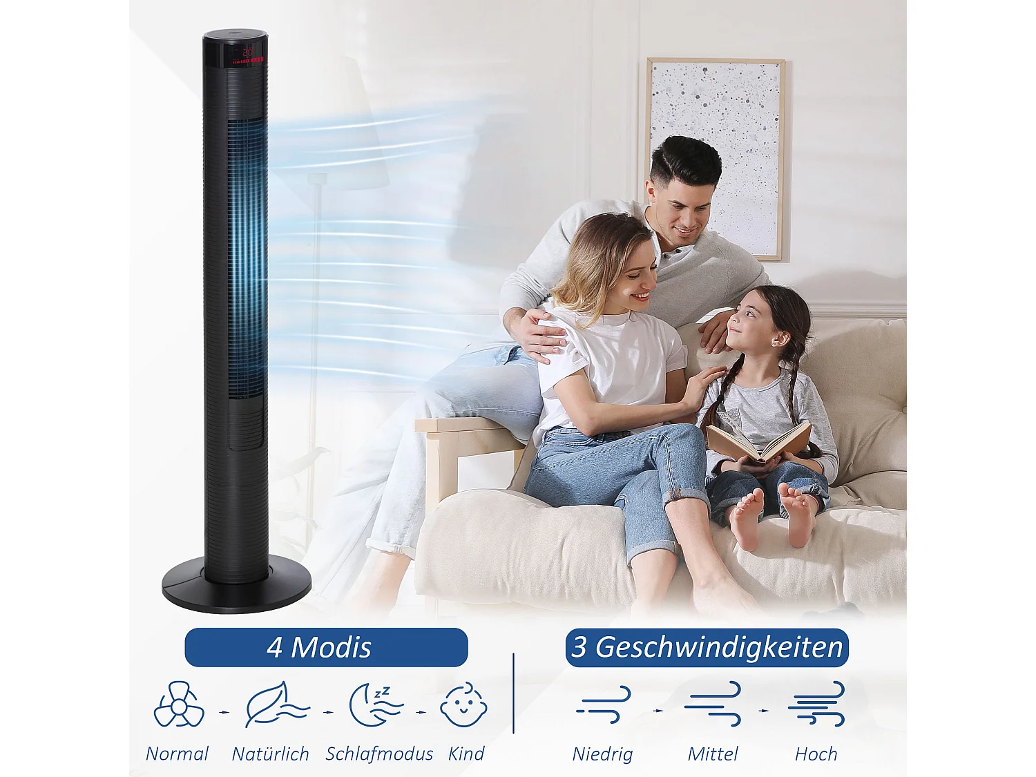 Zwarte torenventilator met 70° zwenking, 12-uurs timer en 3 snelheden.