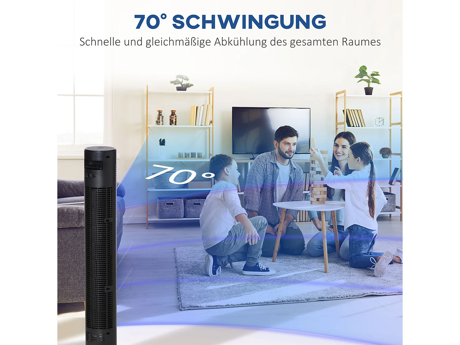 Zwarte torenventilator met 70° zwenking, 12-uurs timer en 3 snelheden.