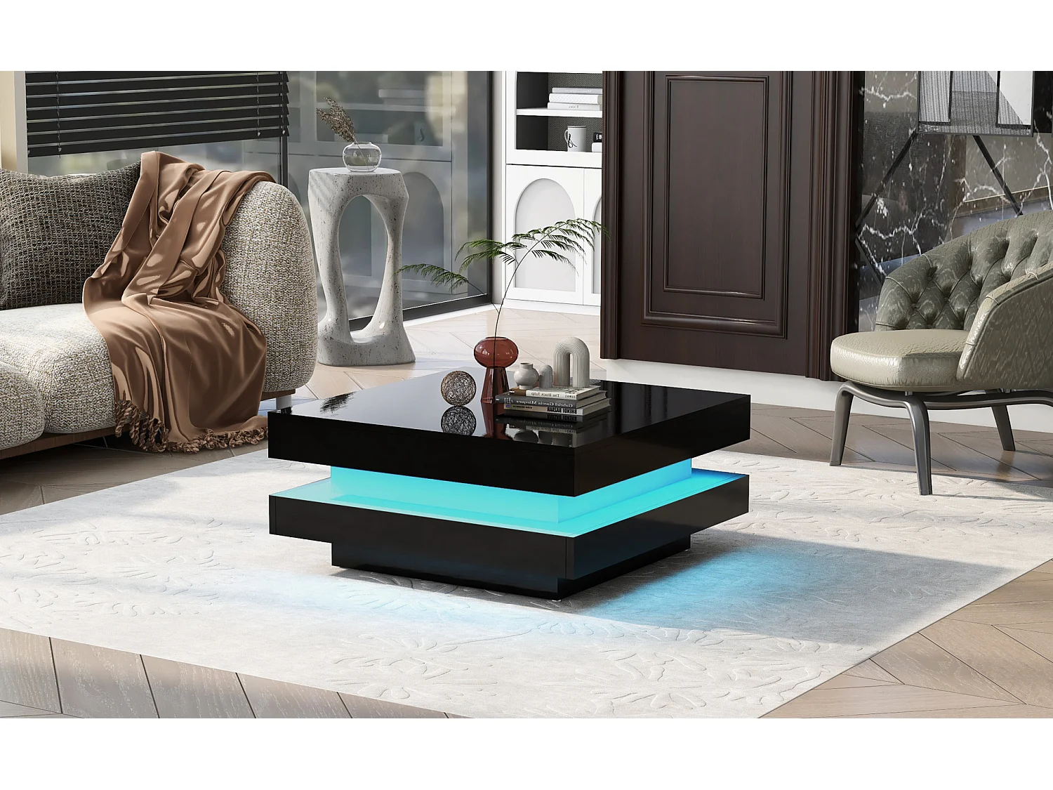 Tavolino quadrato nero con illuminazione a LED a 16 colori, 70 x 70 x 36 cm