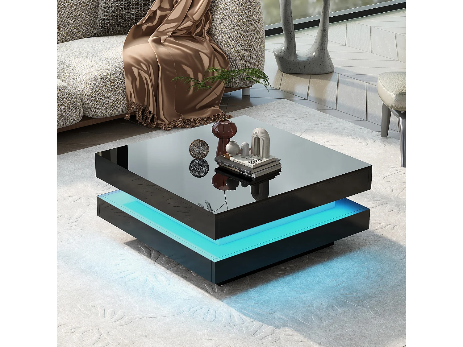 Tavolino quadrato nero con illuminazione a LED a 16 colori, 70 x 70 x 36 cm