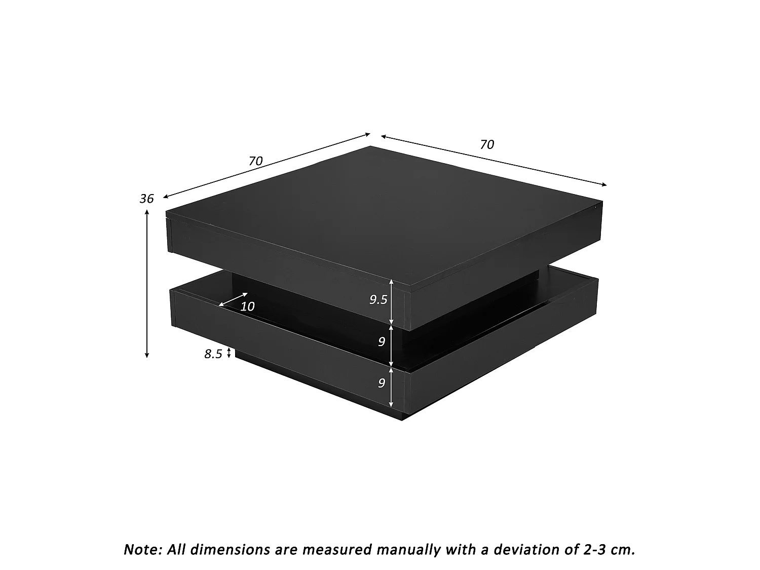 Tavolino quadrato nero con illuminazione a LED a 16 colori, 70 x 70 x 36 cm