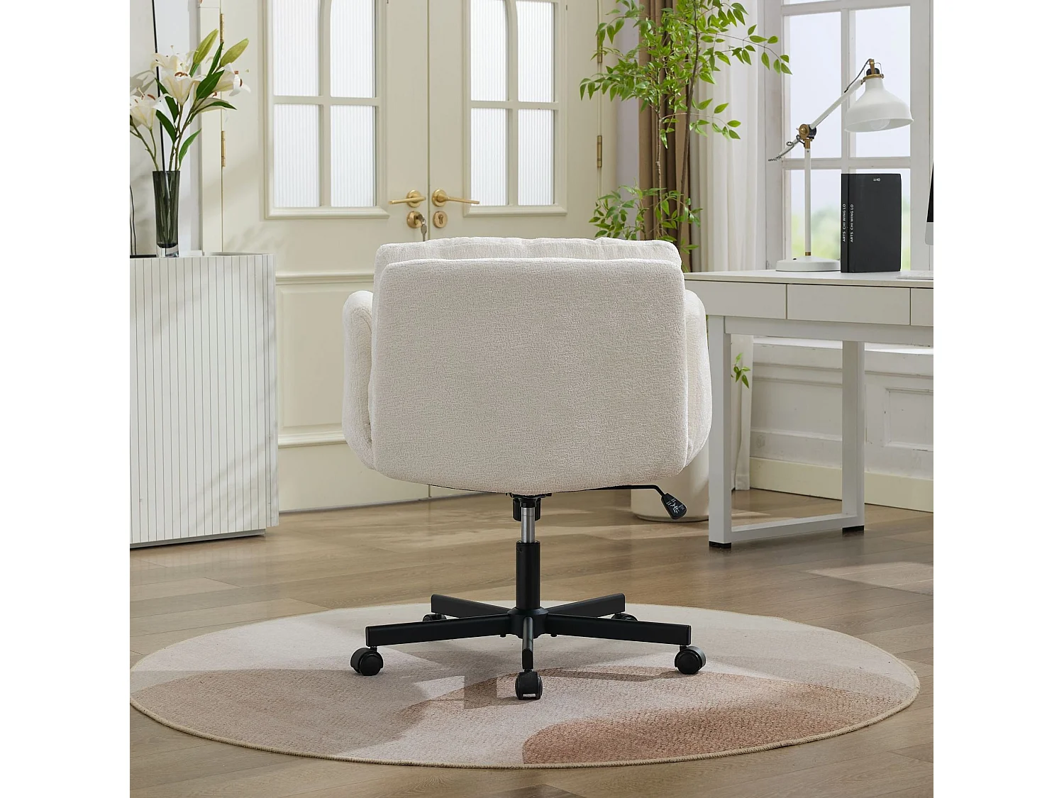 Chaise de bureau pivotante en chenille avec réglable en hauteur et accoudoirs convertibles - Beige