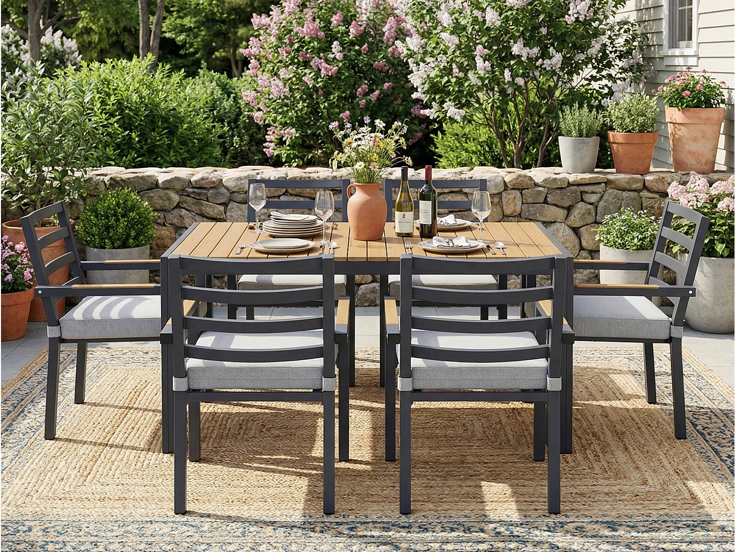 Set da pranzo da giardino con 6 sedie e 1 tavolo (L. 143,5 cm) - Poliestere e acciaio - Grigio