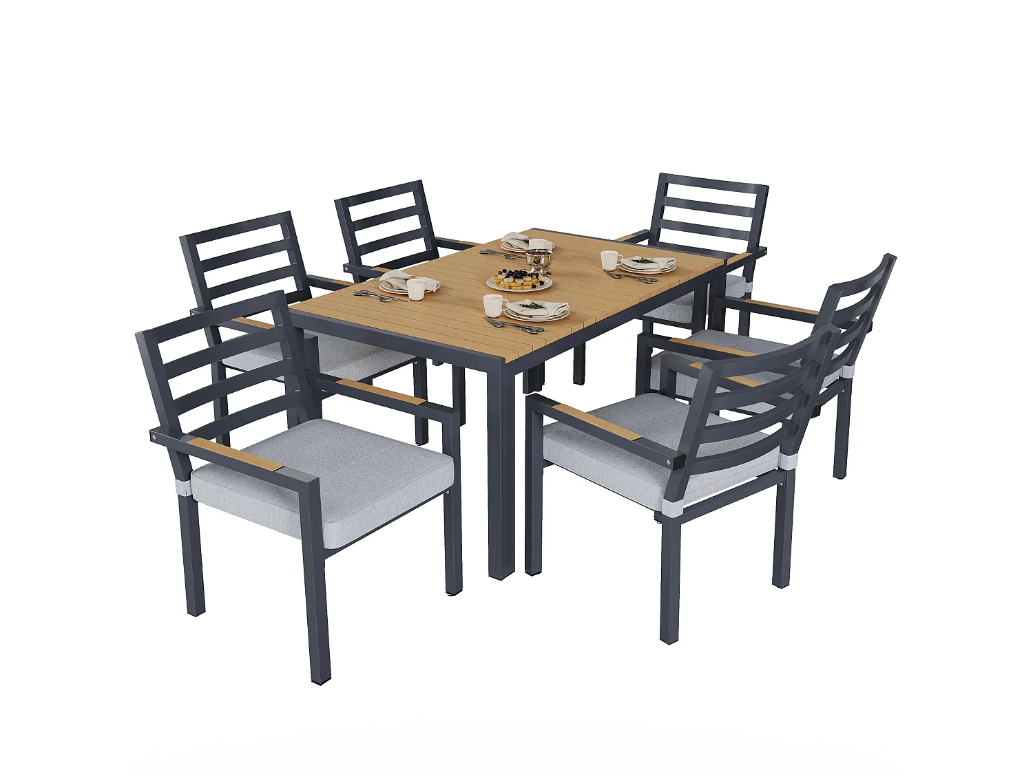 Set da pranzo da giardino con 6 sedie e 1 tavolo (L. 143,5 cm) - Poliestere e acciaio - Grigio