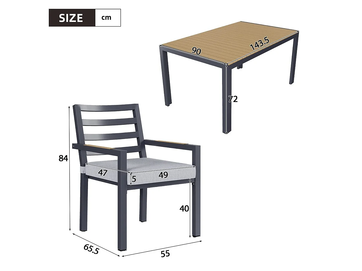 Set da pranzo da giardino con 6 sedie e 1 tavolo (L. 143,5 cm) - Poliestere e acciaio - Grigio