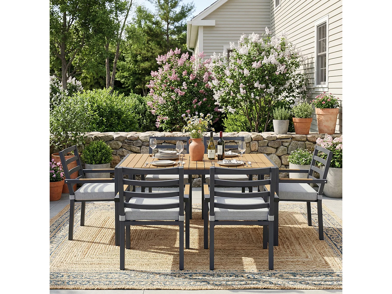 Set da pranzo da giardino con 6 sedie e 1 tavolo (L. 143,5 cm) - Poliestere e acciaio - Grigio