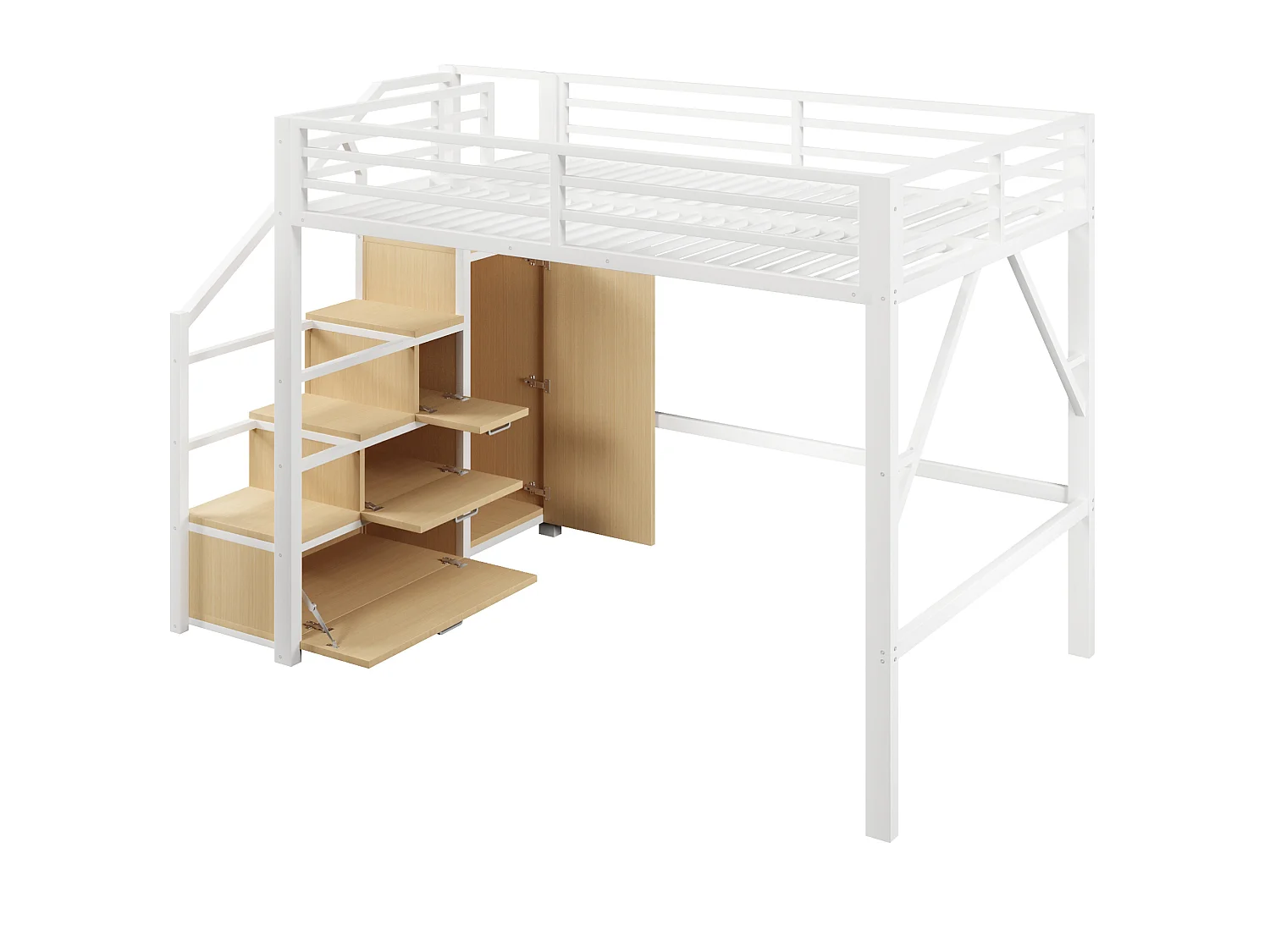 Lit mezzanine enfant 140x200 cm avec rangement et penderie - Métal et bois MDF - Blanc