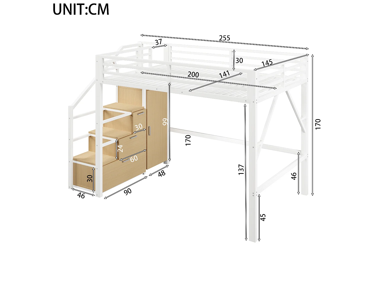 Lit mezzanine enfant 140x200 cm avec rangement et penderie - Métal et bois MDF - Blanc